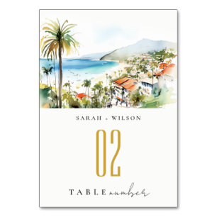 Puerto Vallarta Mexico Watercolor scape Wedding Table Number