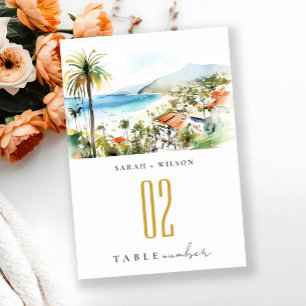 Puerto Vallarta Mexico Watercolor scape Wedding Table Number