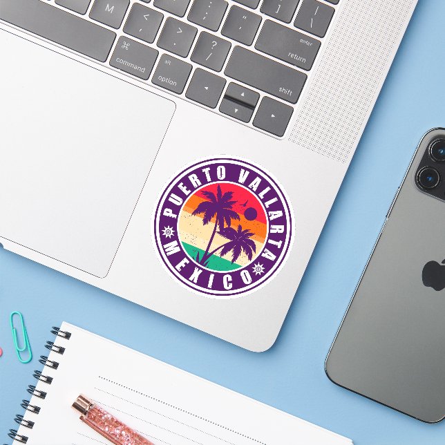 Puerto Vallarta Palm Tree Retro Souvenir 80s Sticker (Laptop w/ iPhone)