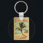Puerto Vallarta Palm Tree Vintage Travel Keychain<br><div class="desc">A uniquely retro mid-century modern Puerto Vallarta Mexico art print in vintage travel poster style. It features a curved palm tree on sandy beach with ocean under a blue cloudy sky.</div>
