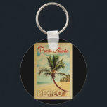 Puerto Vallarta Palm Tree Vintage Travel Keychain<br><div class="desc">A uniquely retro mid-century modern Puerto Vallarta Mexico art print in vintage travel poster style. It features a curved palm tree on sandy beach with ocean under a blue cloudy sky.</div>