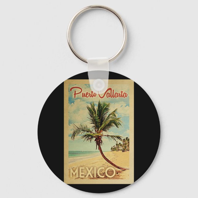 Puerto Vallarta Palm Tree Vintage Travel Keychain (Front)