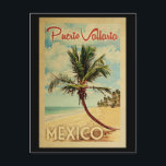 Puerto Vallarta Palm Tree Vintage Travel Postcard<br><div class="desc">A uniquely retro mid-century modern Puerto Vallarta Mexico art print in vintage travel poster style. It features a curved palm tree on sandy beach with ocean under a blue cloudy sky.</div>