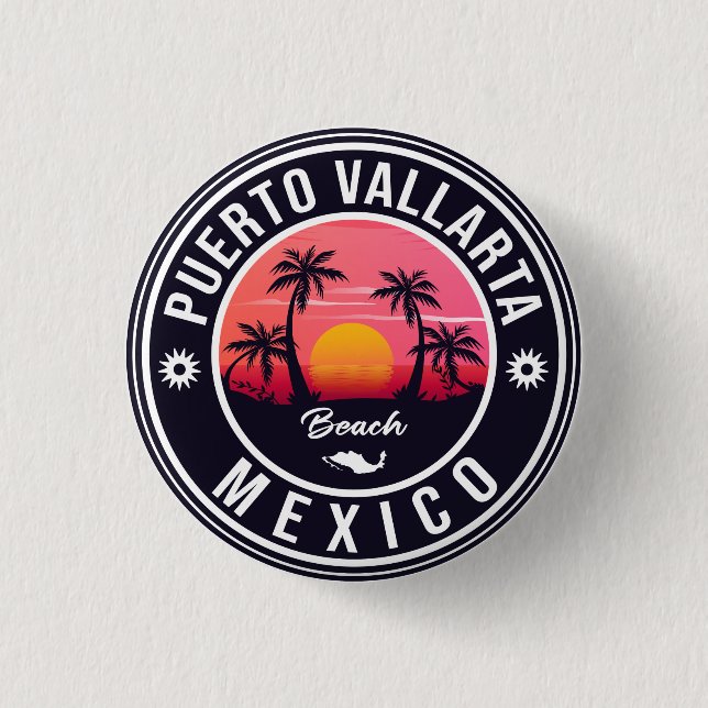 Puerto Vallarta Palm Tree Vintage Travel Souvenir Button (Front)