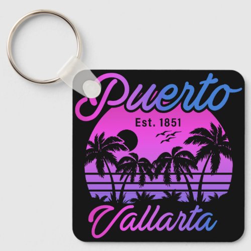 Puerto Vallarta Retro Sunset 80s Palm Trees Keychain