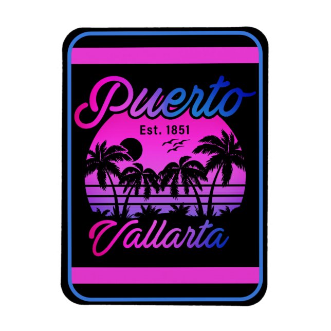 Puerto Vallarta Retro Sunset 80s Palm Trees Magnet (Vertical)
