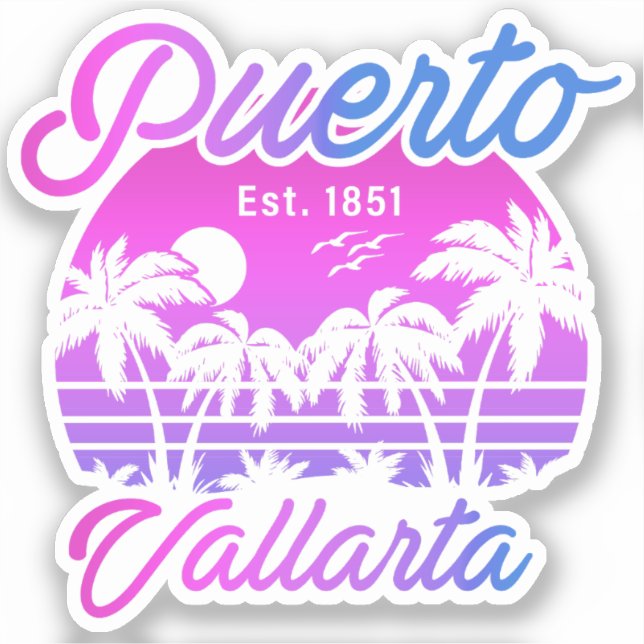Puerto Vallarta Retro Sunset 80s Palm Trees Sticker (Front)