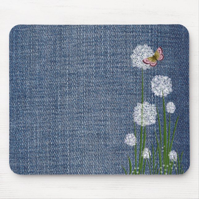 Puff Flowers on Denim Mouse Pad (Front)