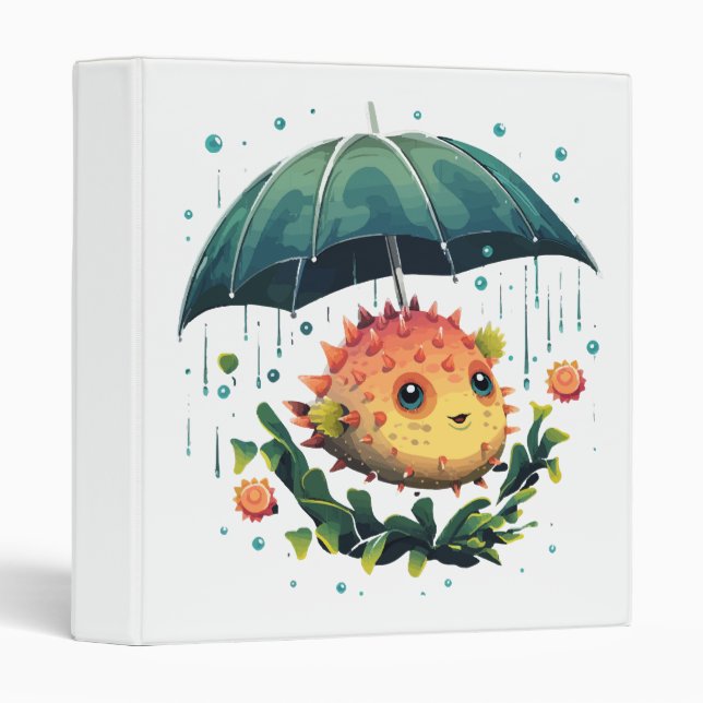 Puffer Fish Rainy Day With Umbrella 3 Ring Binder (Front/Spine)