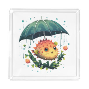 Puffer Fish Rainy Day With Umbrella Acrylic Tray