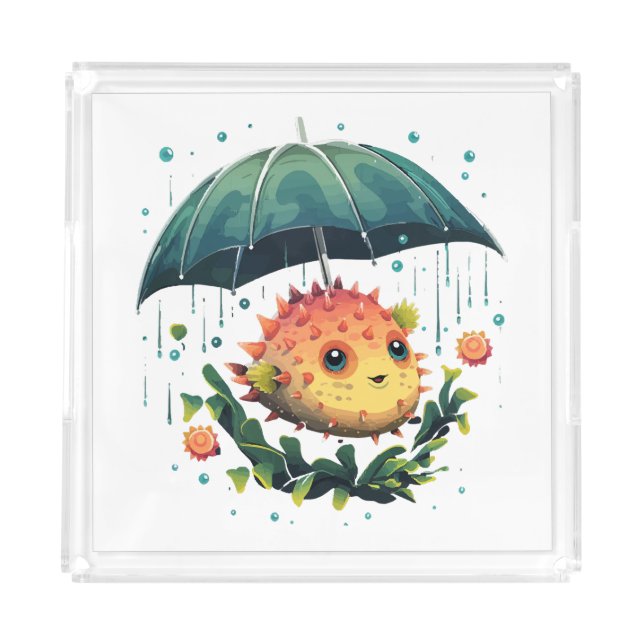 Puffer Fish Rainy Day With Umbrella Acrylic Tray (Front)