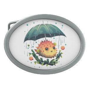 Puffer Fish Rainy Day With Umbrella Belt Buckle