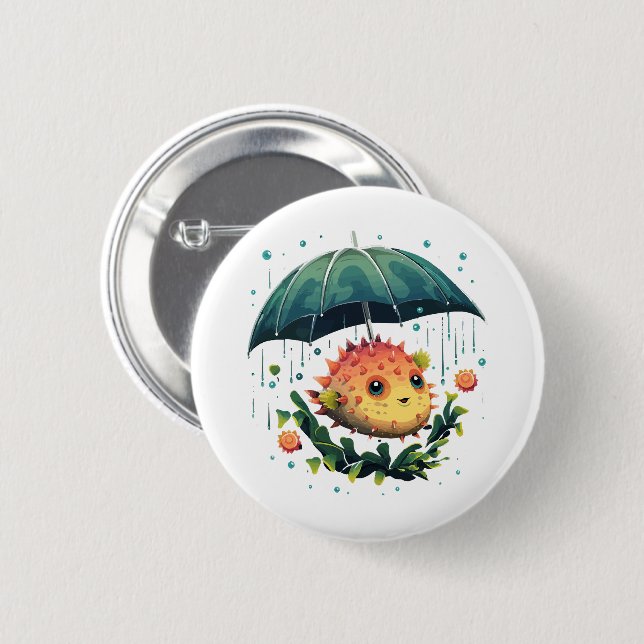 Puffer Fish Rainy Day With Umbrella Button (Front & Back)