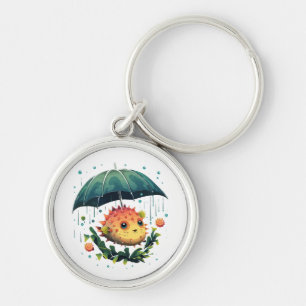 Puffer Fish Rainy Day With Umbrella Keychain