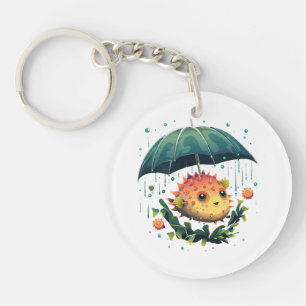 Puffer Fish Rainy Day With Umbrella Keychain