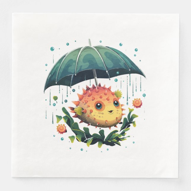 Puffer Fish Rainy Day With Umbrella Paper Dinner Napkins (Front)
