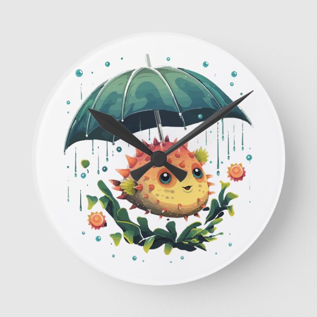Puffer Fish Rainy Day With Umbrella Round Clock (Front)
