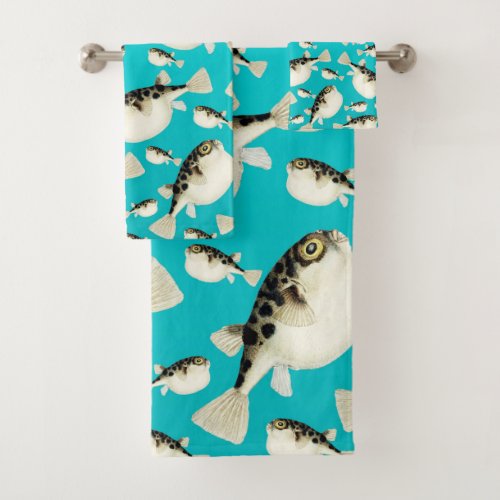 Puffer fish teal pattern bath towel set