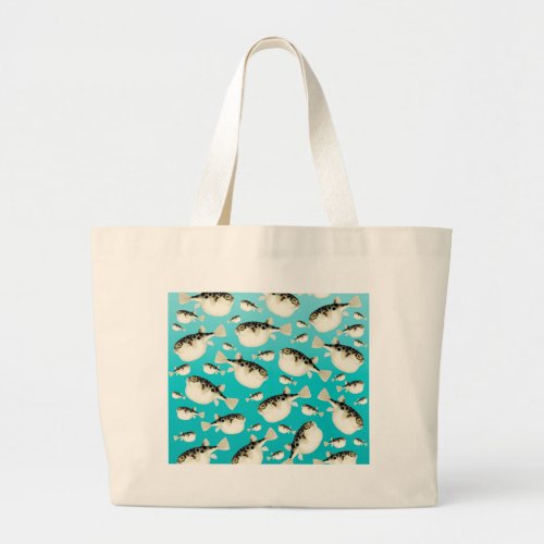 puffer fish teal pattern large tote bag