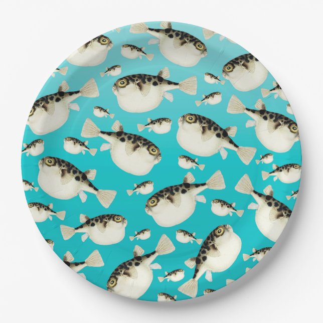 puffer fish teal pattern paper plates (Front)