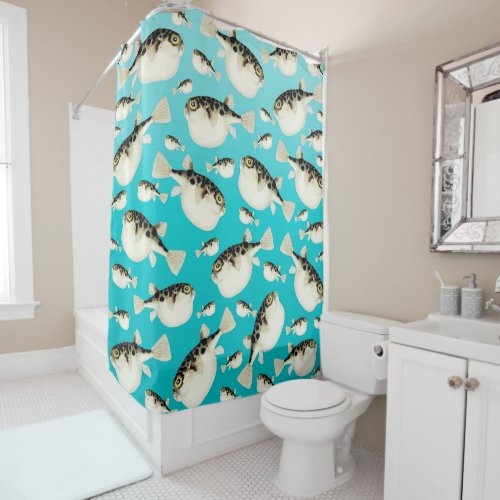 Puffer fish teal pattern shower curtain