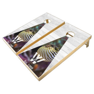 Puffer fish under sea Rustic Wood Tone Monogram Cornhole Set