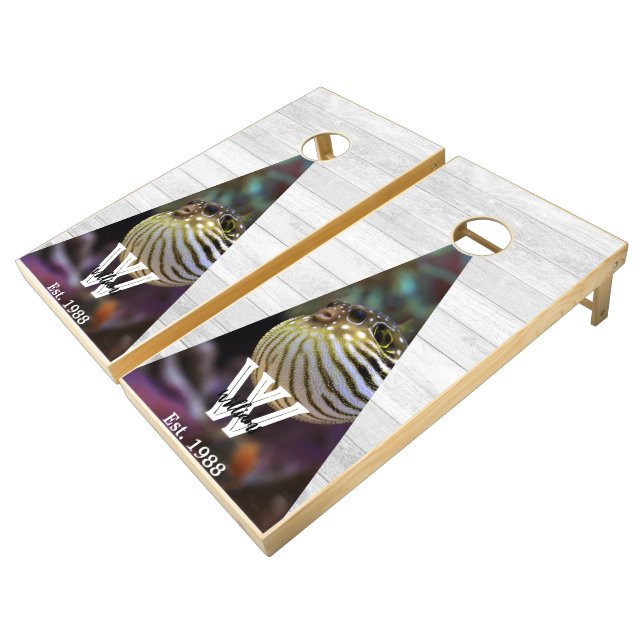 Puffer fish under sea Rustic Wood Tone Monogram Cornhole Set (Angled)