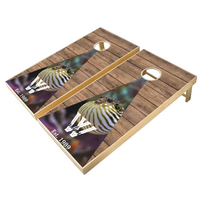 Puffer fish under sea Rustic Wood Tone Monogram  Cornhole Set (Angled)