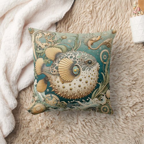 Pufferfish 3 throw pillow