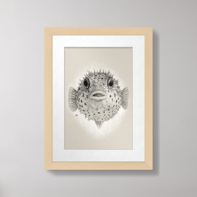 Pufferfish Pencil Drawing – Black and White Framed Art (Framed Front)
