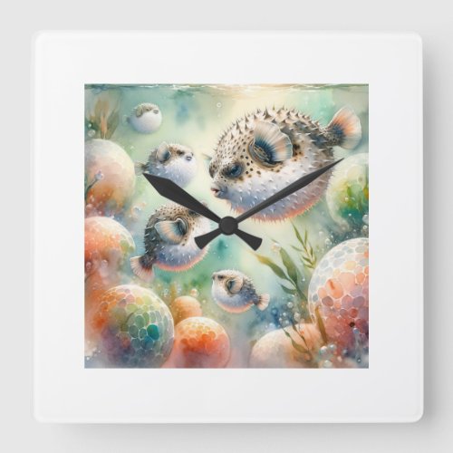 Pufferfish Serenade 040624AREF123 _ Watercolor Square Wall Clock