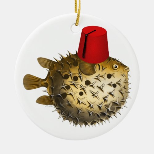 Pufferfish wearing a fez vintage humour ceramic ornament
