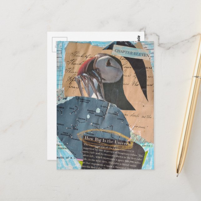 Puffin and Fish Chapter Eleven Mixed Media Collage Postcard (Front/Back In Situ)