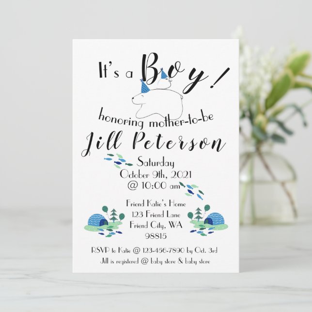 Puffin and Polar Bear Boy Baby Shower Invitation  (Standing Front)