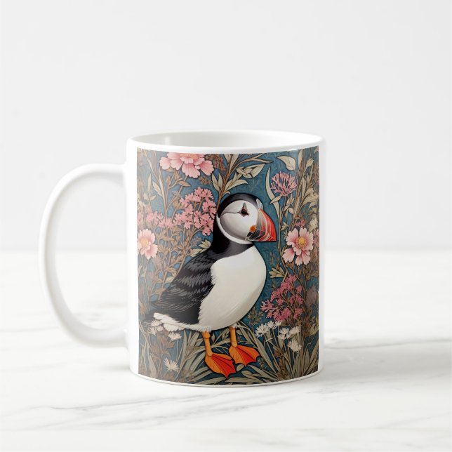 Puffin And Sea Thrift Flowers William Morris Coffee Mug (Left)