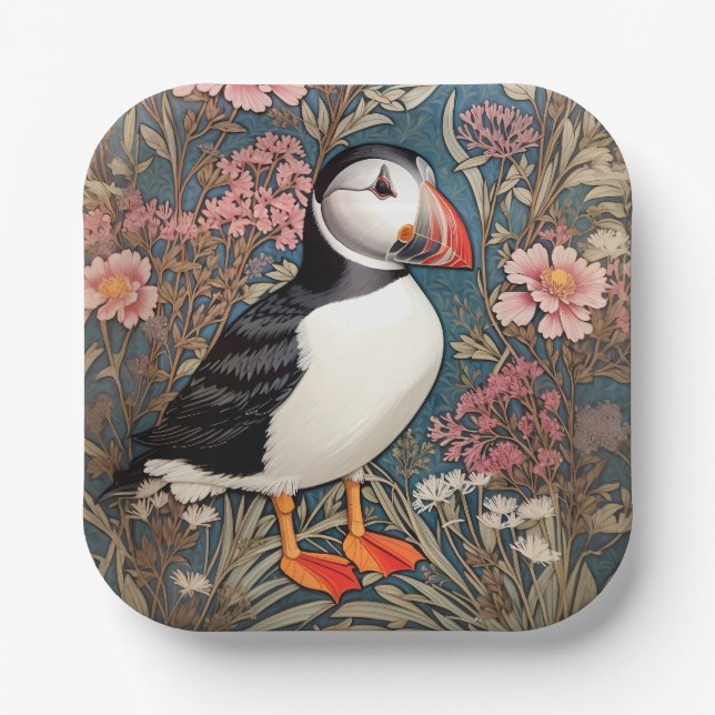 Puffin And Sea Thrift Flowers William Morris Paper Plates (Front)