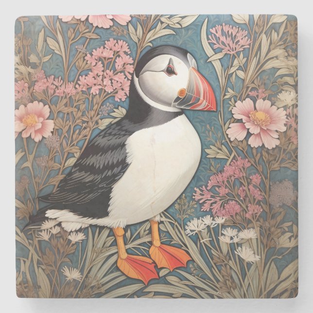 Puffin And Sea Thrift Flowers William Morris Stone Coaster (Front)