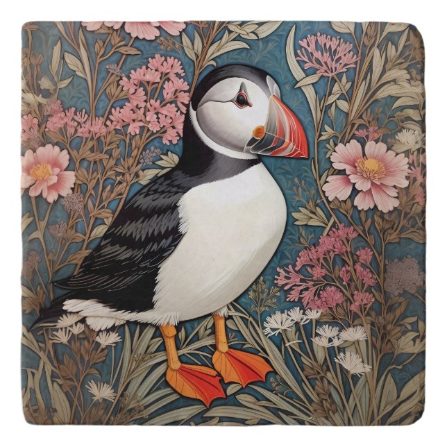 Puffin And Sea Thrift Flowers William Morris Trivet (Front)