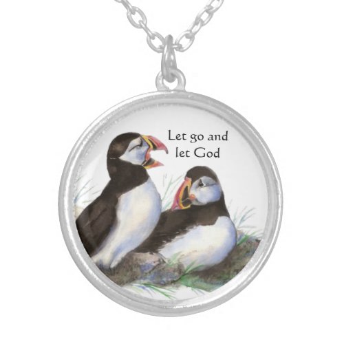 Puffin Bird Inspiring Quote Let Go Let God Silver Plated Necklace