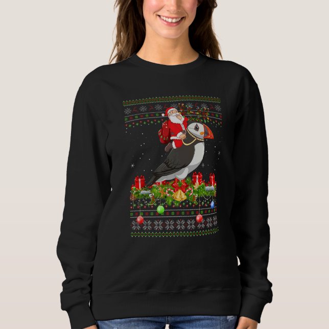 Puffin Bird  Ugly Santa Riding Puffin Christmas Sweatshirt (Front)