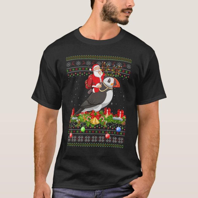 Puffin Bird   Ugly Santa Riding Puffin Christmas T-Shirt (Front)