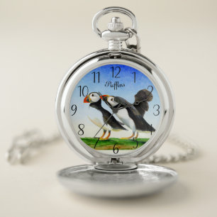 Puffin Bird Watercolor Painting Pocket Watch