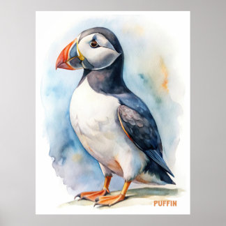 Puffin bird watercolor painting postcard poster