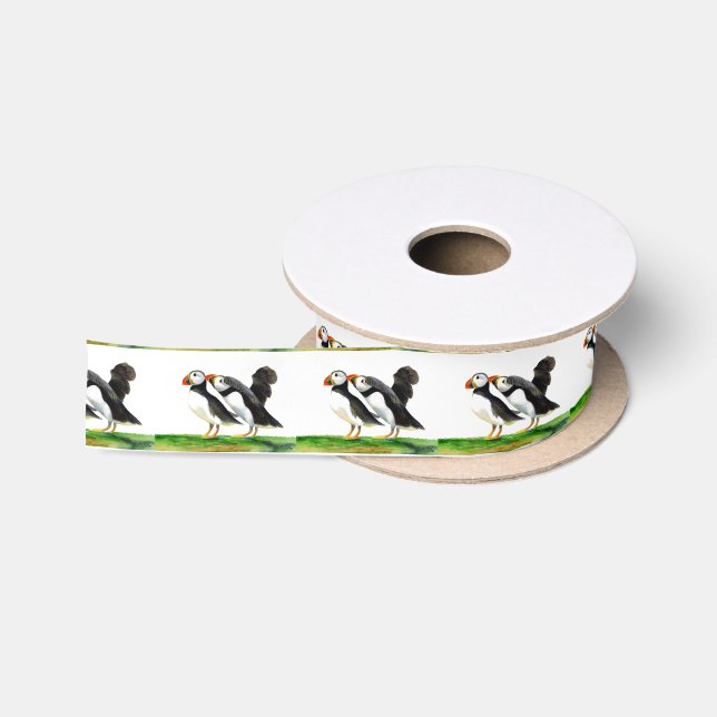 Puffin Bird Watercolor Painting Satin Ribbon (Spool)