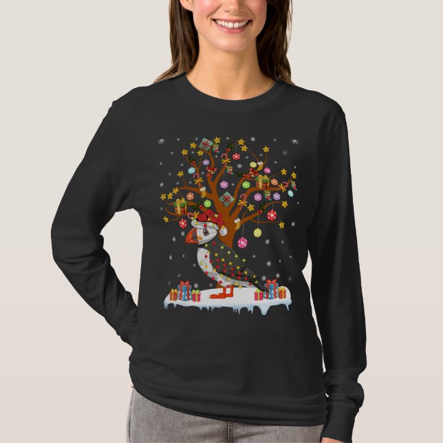 Puffin Bird Xmas Lighting Tree Santa Puffin Christ T-Shirt (Front)