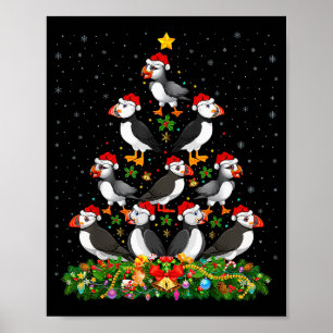 Puffin Bird Xmas Tree Gift Santa Hat Puffin Christ Poster