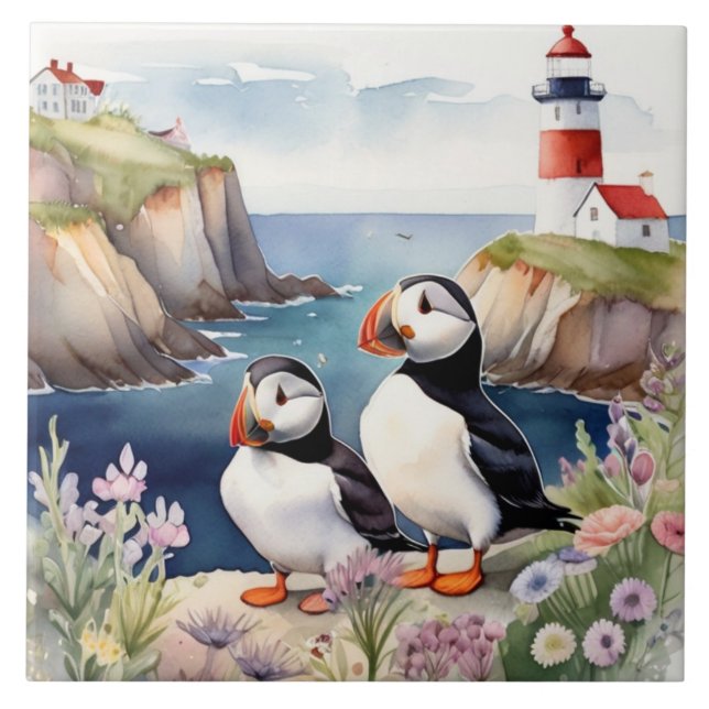 Puffin Birds on Coast with Lighthouse Ceramic Tile (Front)