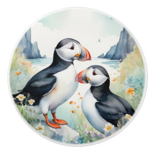 Puffin Birds on Coast with Watercolor Flowers Ceramic Knob