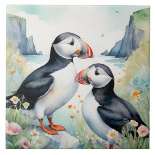 Puffin Birds on Coast with Watercolor Flowers Ceramic Tile