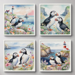 Puffin Birds on Coast with Watercolor Flowers Peel And Stick Photo Tile
